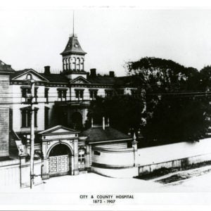 combination photo and drawing of first hospital from 1872